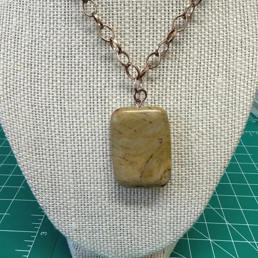 New handmade yellow Jasper‎ pendant, antique copper chain lobster clasp in box